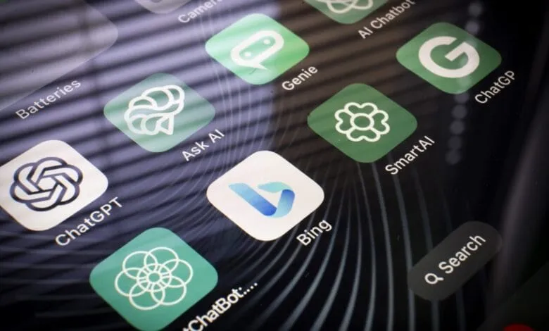 Close-up of a smartphone screen displaying various AI chatbot apps, including Bing, ChatGPT, and others.