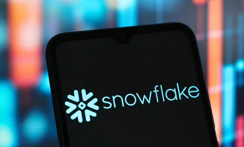Close-up of a smartphone displaying the Snowflake logo and company name against a blurred background of stock market charts.