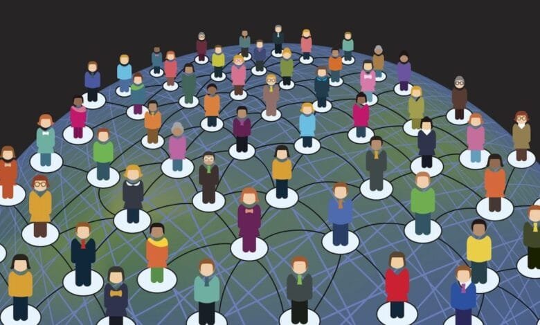 Diverse group of people connected by a network, symbolizing global interconnectedness.