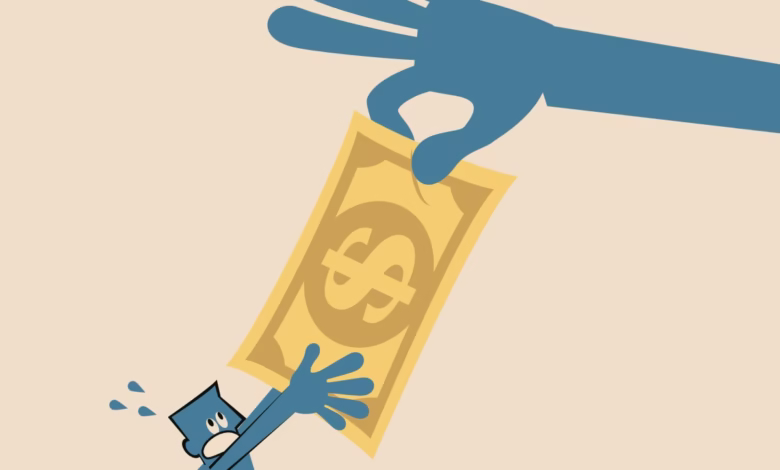 A large hand offers a bill to a smaller figure who desperately reaches for it, symbolizing financial struggle or desperation.