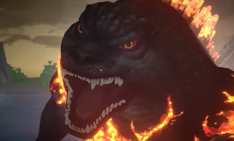 Close-up of Godzilla, engulfed in flames, roaring with its mouth open, set against a dark, stormy backdrop.