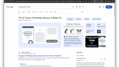 Google search results for "working genius types," showing Patrick Lencioni's book cover and description, along with reviews and author info.