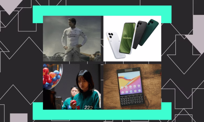 Collage of images: F1 driver Lando Norris, Fairphone, a woman playing marbles, and a BlackBerry phone.