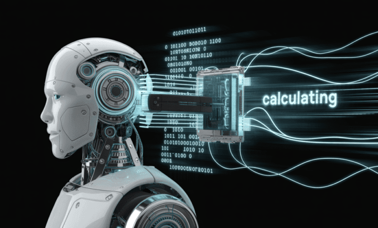 A robotic head with internal mechanisms visible, connected to a circuit board processing data streams; the word 'calculating' glows nearby.