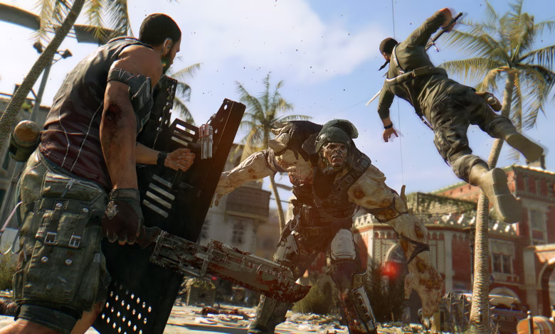 A chaotic scene from a video game depicts two soldiers fighting a grotesque zombie-like creature in a tropical setting.