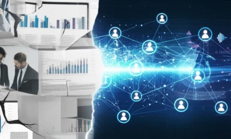 Abstract image depicting a network of interconnected people, contrasted with fragmented business documents and charts.