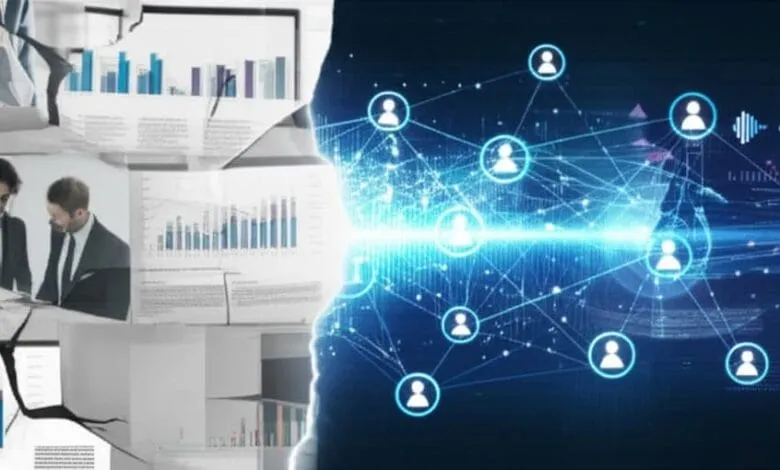 Collage of business charts and people network, representing digital transformation.
