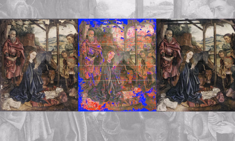 A damaged medieval painting depicting the Nativity scene is shown alongside its restored sections. The central section shows the Virgin Mary, Joseph, and the baby Jesus.