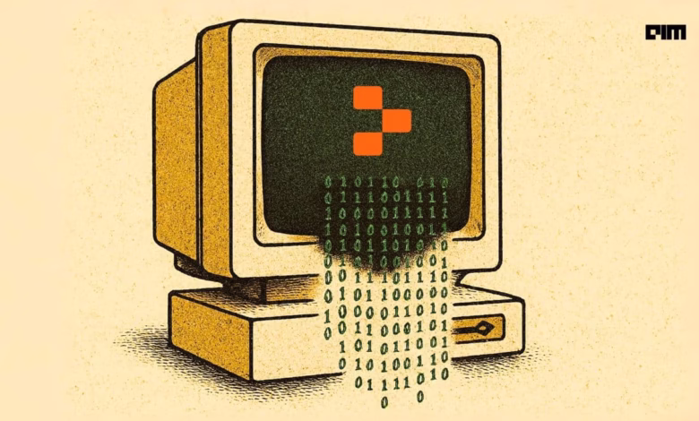Retro illustration of a beige computer monitor displaying a pixelated orange logo and binary code streaming from below.