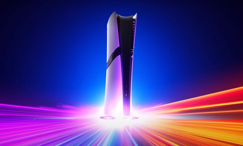 A sleek, white PlayStation 5 console stands tall, bathed in vibrant purple and orange light streaks against a dark blue background.