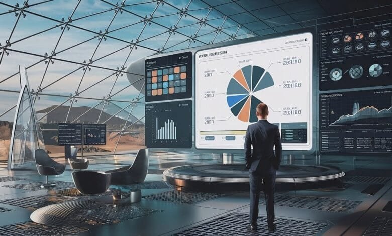 A businessman stands before large screens displaying financial data in a futuristic, glass-walled office overlooking a desert landscape.