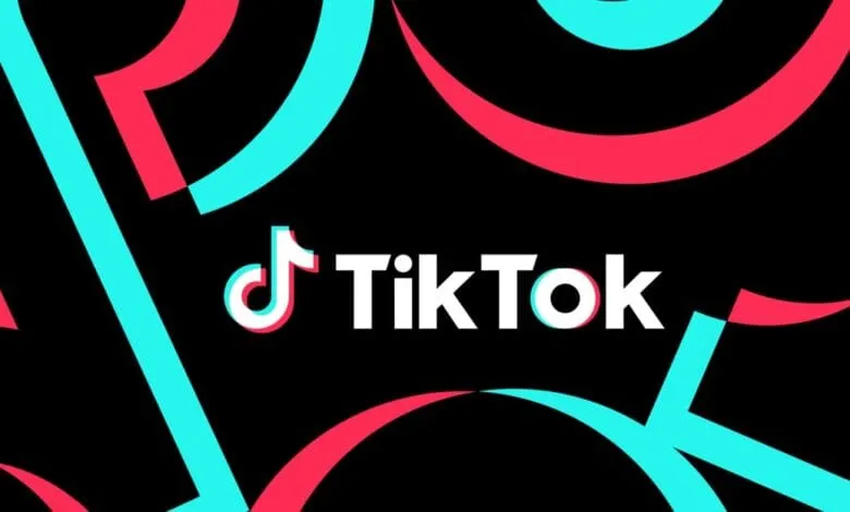 TikTok logo on black background with pink and teal abstract shapes.