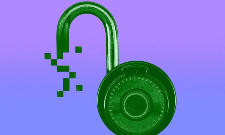 A green padlock with a digital key dissolving into pixels against a purple background, symbolizing data security vulnerability.