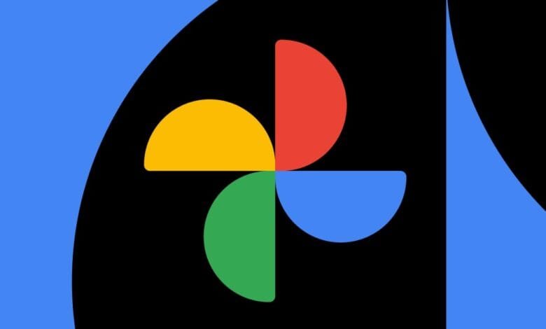 Abstract design featuring a four-part, colorful pinwheel on a black background, set against a blue backdrop.