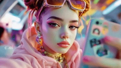 Close-up portrait of a young woman with vibrant makeup and pink hoodie, holding a phone with stickers.