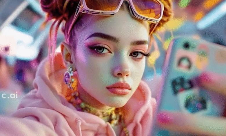Close-up portrait of a young woman with vibrant makeup and pink hoodie, holding a phone with stickers.