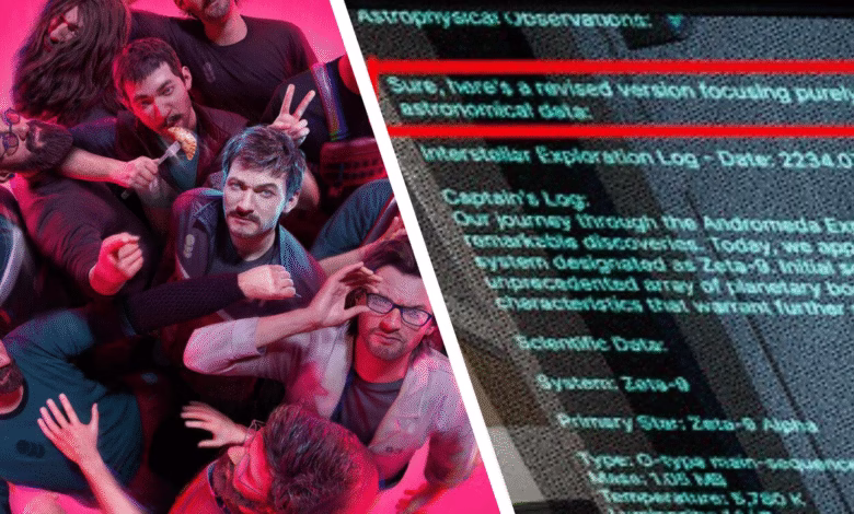 A group photo of the eight members of the band, The Backseat Lovers, alongside a futuristic computer screen displaying astronomical data.