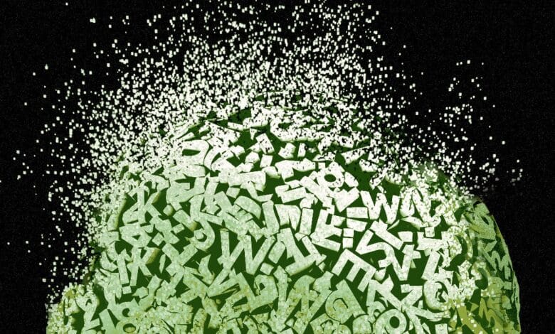 Abstract art depicting a sphere composed of fragmented letters, some disintegrating into pixels, against a black background.