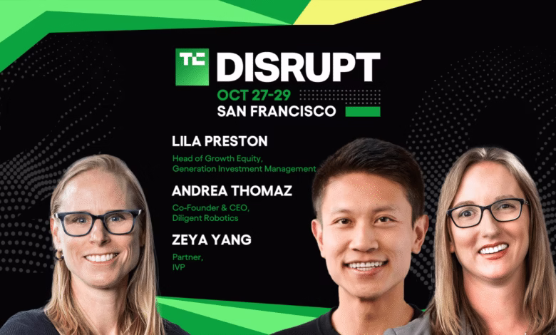 Headshots of Lila Preston, Andrea Thomaz, and Zeya Yang, speakers at TechCrunch Disrupt in San Francisco.