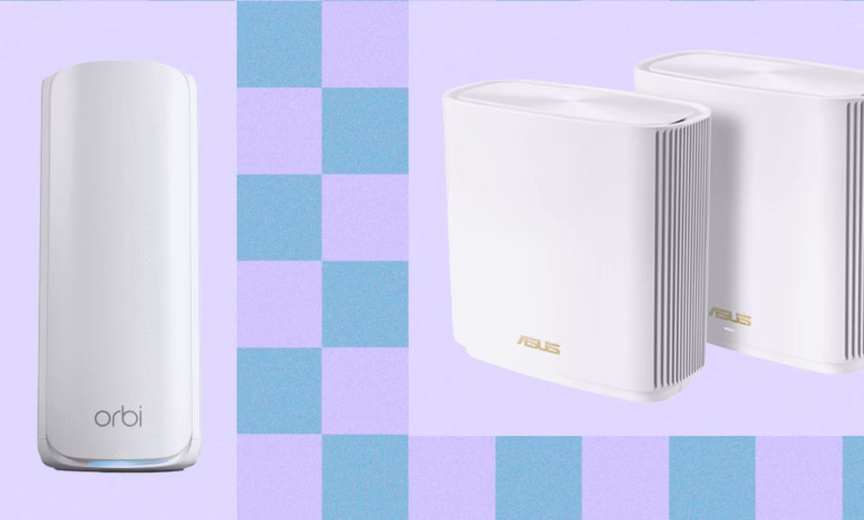 Comparison of Orbi and Asus mesh Wi-Fi systems. White routers shown against a pastel checkered background.