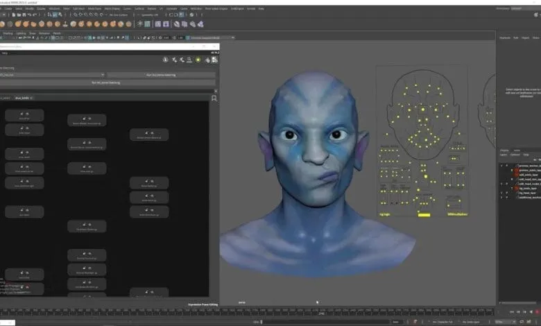 3D model of a blue-skinned humanoid face in a digital sculpting program, showing facial rigging and expression controls.