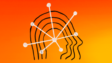 Abstract graphic of a head profile with radiating lines and circles, set against an orange gradient background.