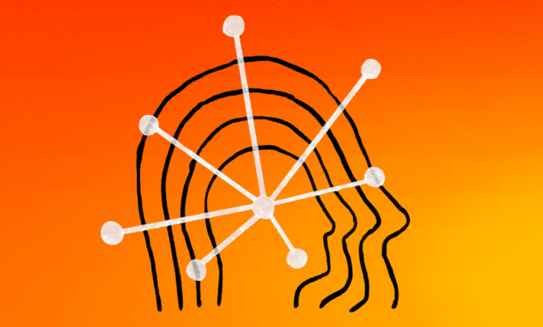 Abstract graphic of a head profile with radiating lines and circles, set against an orange gradient background.