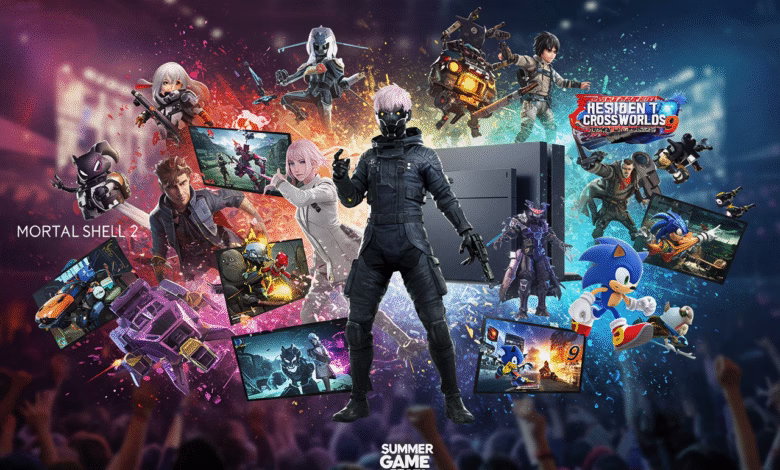 Summer Game Fest 2024 promo featuring various video game characters and a PlayStation console, set against a vibrant, explosive background.