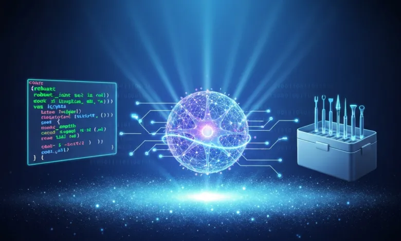 Abstract image of a neuron, code, and surgical tools in blue tones.
