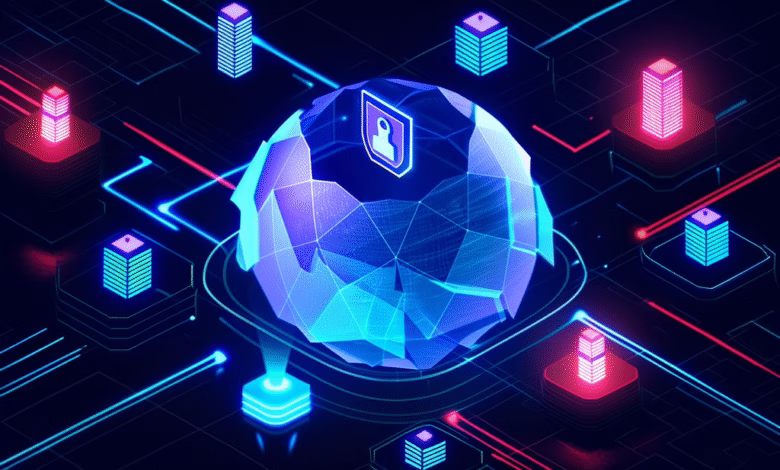 Abstract digital globe protected by a shield, surrounded by glowing data servers and neon lines, representing cybersecurity.
