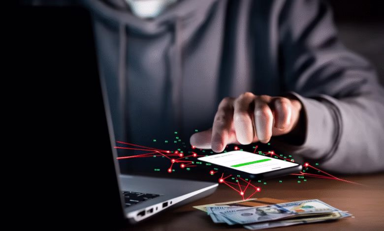Person's hands using a smartphone with a login screen, connected by red lines to a laptop and cash, suggesting online fraud or hacking.