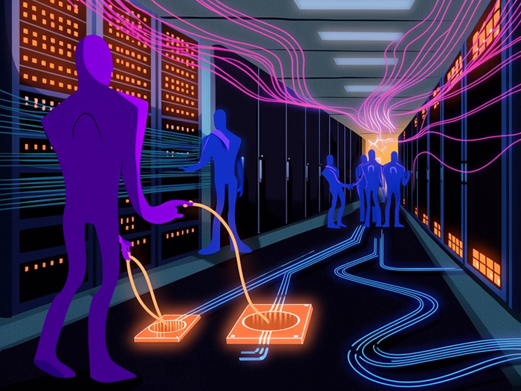 Stylized illustration of figures connecting to a network of glowing lines within a server room.