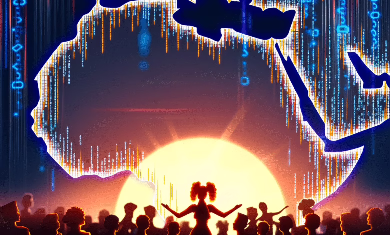 Silhouette of a woman addressing a crowd, a digital Africa map composed of code flows behind her, set against a vibrant sunset.