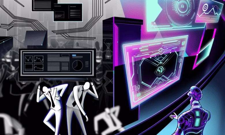 Stylized illustration of a robot interacting with futuristic data displays, while figures in suits dance in the background.