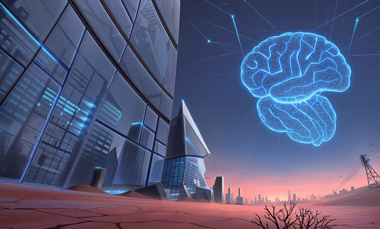 Futuristic cityscape with a glowing digital brain in the sky, suggesting AI and technological advancement.