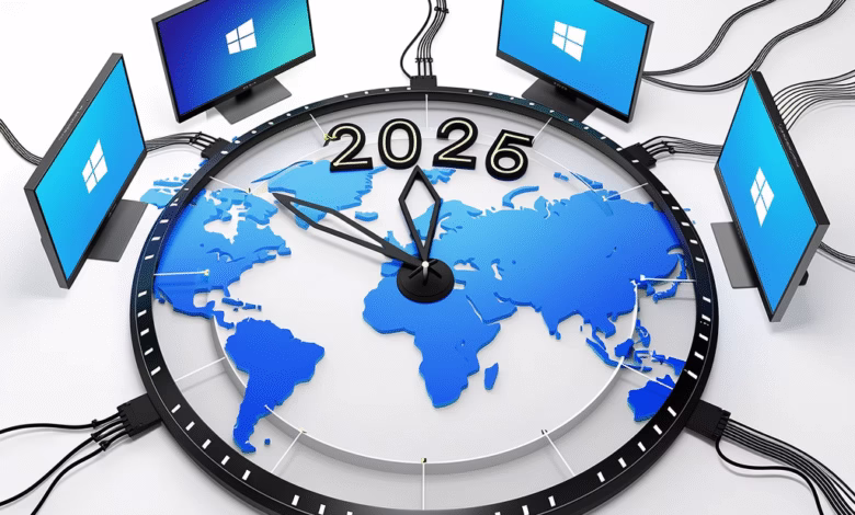 A clock face with a world map displays 2025, connected to four computer screens symbolizing global connectivity in the new year.