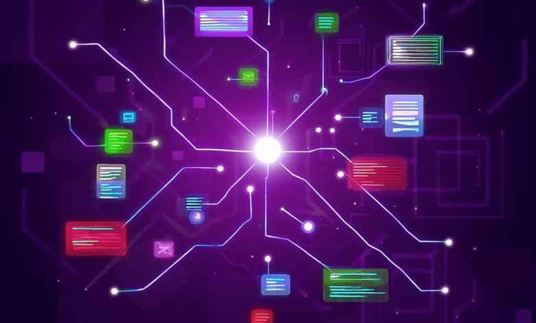 Abstract digital network graphic with glowing purple lines connecting colorful data blocks to a central bright point.