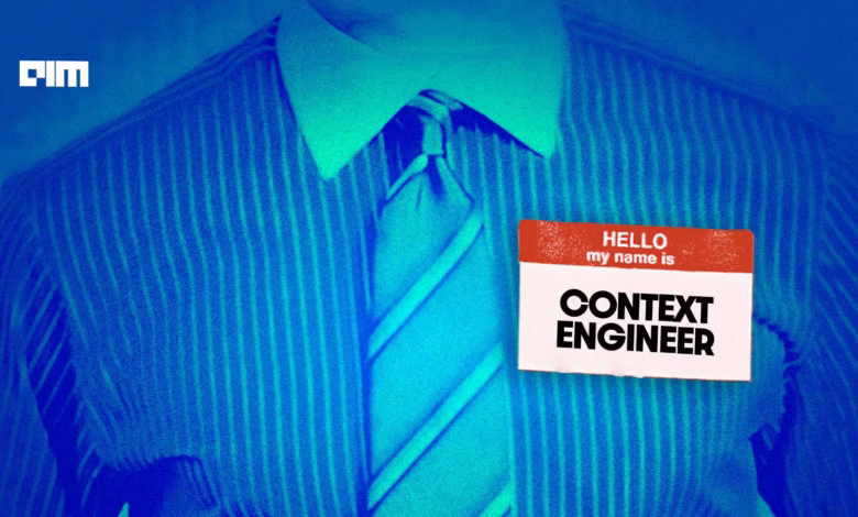 A stylized image of a pinstripe suit and tie with a name tag reading 'Context Engineer'.