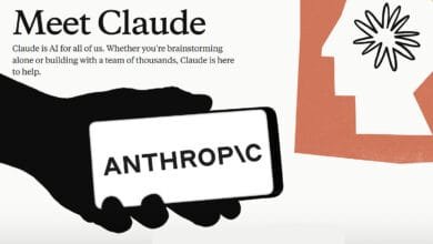 A hand holds a phone displaying the Anthropic logo. Text introduces Claude, an AI assistant.