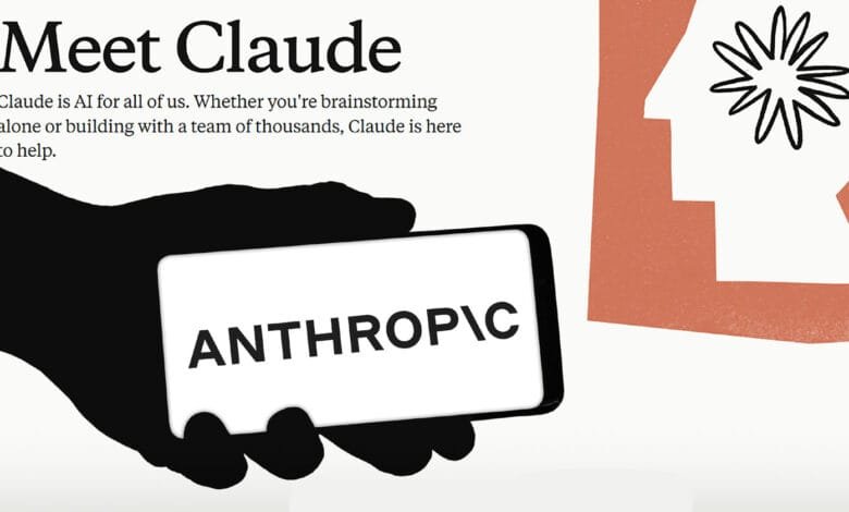 A hand holds a phone displaying the Anthropic logo. Text introduces Claude, an AI assistant.