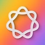 Abstract design: A white, interconnected circular pattern on a vibrant rainbow gradient background.