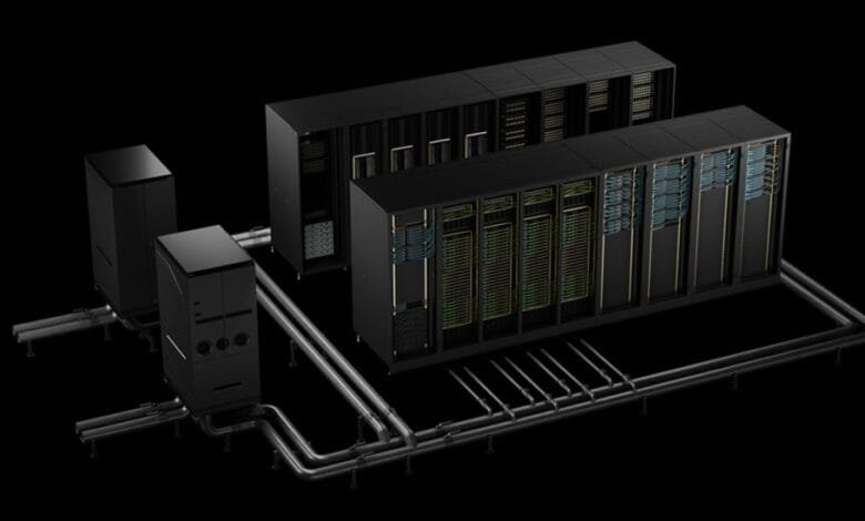 Rendering of a modern data center with interconnected servers and cooling systems, showcasing advanced technology and infrastructure.