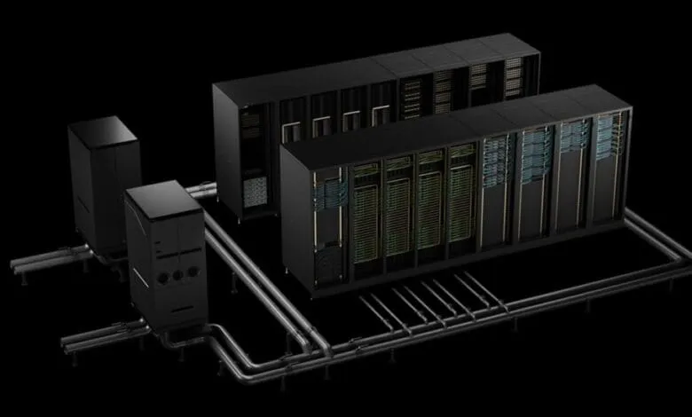 Rendering of a modern data center with interconnected servers and cooling systems, showcasing advanced technology and infrastructure.