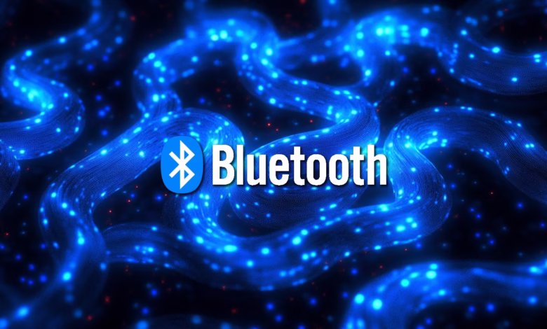 Bluetooth logo on an abstract background of glowing blue waves and particles.