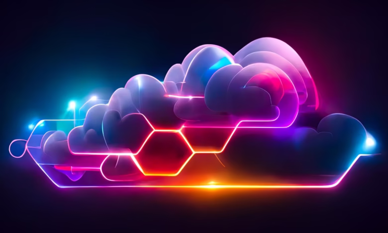 Abstract cloud-shaped graphic with neon pink, blue, and orange hexagonal network underneath.