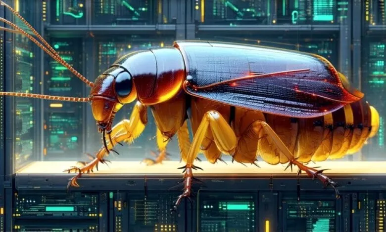 A large, detailed cockroach stands on a futuristic server rack, its iridescent shell reflecting light. Cyberpunk-style background.