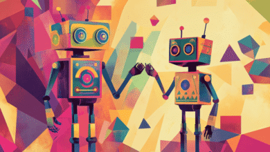 Two friendly robots, in vibrant colors, hold hands against a geometric background.