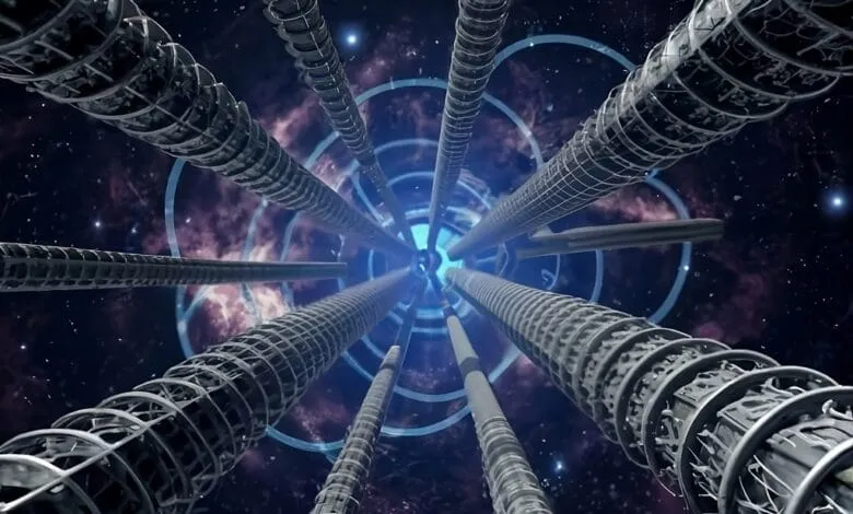 Abstract digital art depicts numerous metallic tubes converging towards a bright blue center against a dark, starry backdrop.