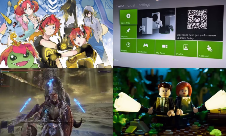 Collage of video game screenshots and an Xbox Series X home screen, including anime-style artwork and Lego figures.