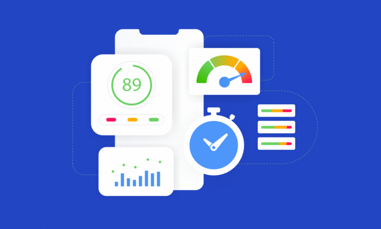 Mobile app performance dashboard showing speed, score, and graphs. Metrics indicate high performance.